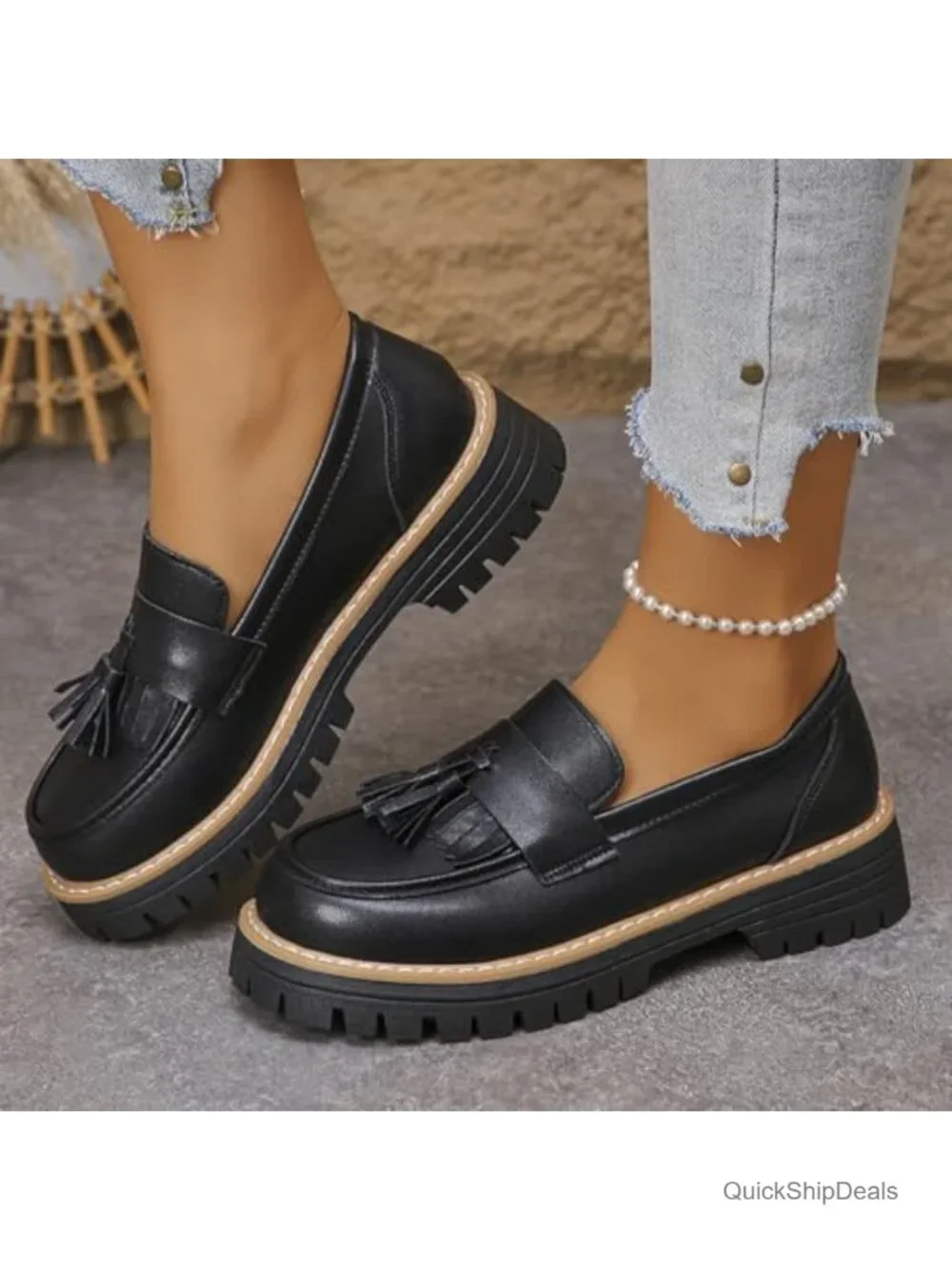 Women's Patent Leather Chunky Heel Penny Loafers Round Toe Slip-On Platform